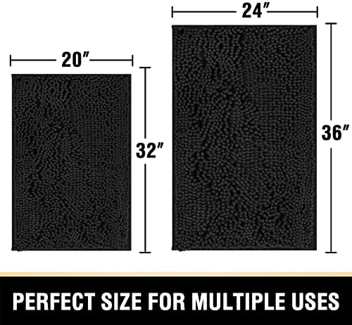 H.VERSAILTEX Bath Mat Sets, Non Slip Luxury Chenille Bathroom Rugs, Extra Soft Absorbent Shaggy Mat, Fast Dry - 2 Piece (Black, 24" x 36"/20" x 32")