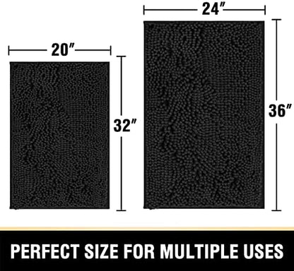 H.VERSAILTEX Bath Mat Sets, Non Slip Luxury Chenille Bathroom Rugs, Extra Soft Absorbent Shaggy Mat, Fast Dry - 2 Piece (Black, 24" x 36"/20" x 32")