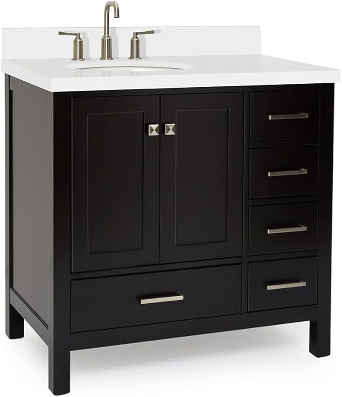 ARIEL Cambridge 36-inch Bathroom Vanity with Sink,Solid Wood, 1.5-inch Pure White Quartz Countertop & Backsplash, Single Oval Porcelain Sink, 2 Soft Closing Doors, 5 Dovetail Drawers, Espresso