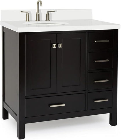 ARIEL Cambridge 36-inch Bathroom Vanity with Sink,Solid Wood, 1.5-inch Pure White Quartz Countertop & Backsplash, Single Oval Porcelain Sink, 2 Soft Closing Doors, 5 Dovetail Drawers, Espresso