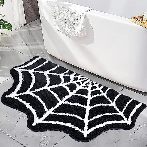 Meetory Spider Web Bath Mat, 31×20" Halloween Bath Mat Non-Slip Rugs Spiderweb Rug Machine Washable Goth Area Rugs Gothic Rug for Front Door, Bedroom, Living Home (Black)