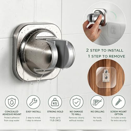 Handheld Shower Head Holder - 5 Angles Adjustable - Concealed Adhesive Mount with Screw Option - Wall Mount Shower Hose Holder (Brushed Nickle)