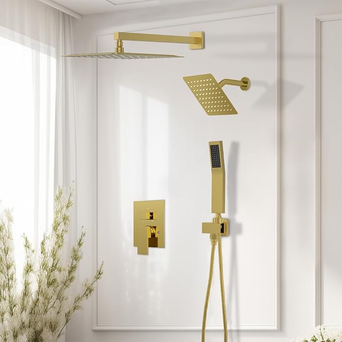 Shower System Shower Faucet Set, STARBATH 12"+6" Wall Mount Rain Shower Head and Handheld Spray for Two Person, Rainfall Shower System with Diverter Valve and Trim Kit Complete,Brushed Gold