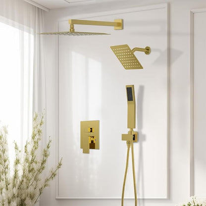Shower System Shower Faucet Set, STARBATH 12"+6" Wall Mount Rain Shower Head and Handheld Spray for Two Person, Rainfall Shower System with Diverter Valve and Trim Kit Complete,Brushed Gold