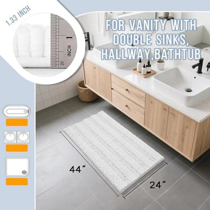 Yimobra Bathroom Rug Mat 44 x 24, Non Slip and Super Absorbent Bath Mat,Machine Washable Quick Dry,Ultra Plush Chenille Shower Rugs for Bathroom Floor Sink Tub and Shower Outside,White