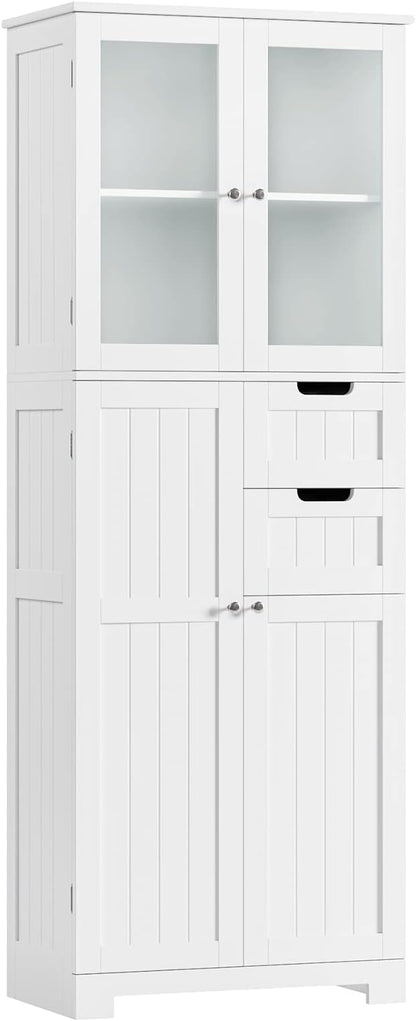 67'' Tall Bathroom Storage Cabinet, Linen Cabinet with Glass Doors and Adjustable Shelves, Kitchen Pantry with 2 Drawers for Bathroom, Living Room, Dining Room, White