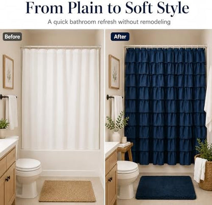 Navy Blue Ruffle Shower Curtain for Bathroom, 72x72 inch, 1 Panel