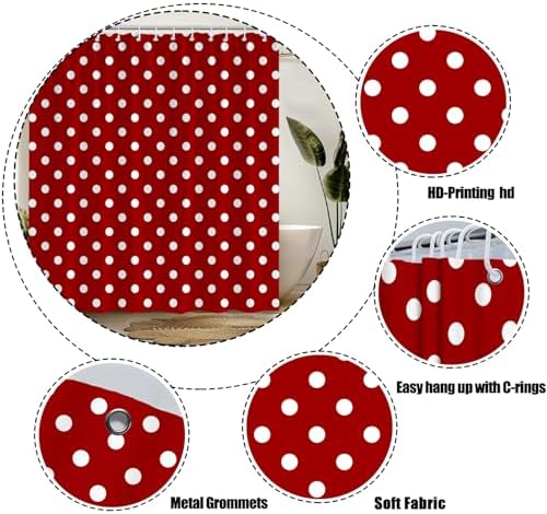 Polka Dot Shower Curtain Red White Retro Spot Vintage Fabric Decorative Bathroom Curtains with Hooks,70" Wx84 H