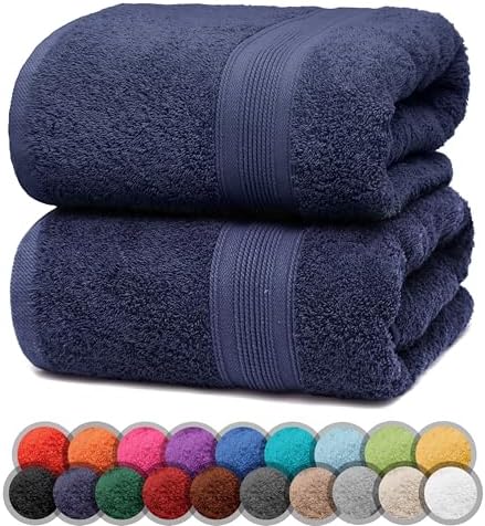 Pack of 2 Bath Towels - 100% Cotton, 500 g/m² - Soft, Absorbent & Durable - for Home, Sauna & Travel - 27 x 54 in (Navy Blue)