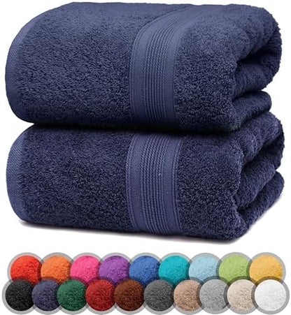 Pack of 2 Bath Towels - 100% Cotton, 500 g/m² - Soft, Absorbent & Durable - for Home, Sauna & Travel - 27 x 54 in (Navy Blue)