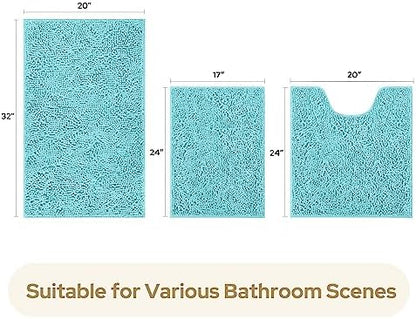 HOMEIDEAS Aqua Blue Chenille Bathroom Rugs Set of 3, Non Slip Bath Mat