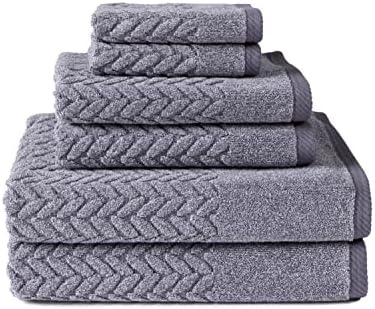 Texere 100% Organic Cotton Jacquard 650 GSM Premium Bath Towel Sets - Extra Absorbent Quick Dry and Plush, 2 Large Bath Towels, 2 Hand Towels, 2 Washcloths (Cable, Granite, 6 Piece)