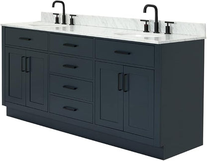 ARIEL Hepburn 72-inch Bathroom Vanity with Sink,Solid Wood, 0.75-inch Italian Carrara Marble Countertop, Double Oval Porcelain Sink, 4 Soft Closing Doors, 6 Dovetail Drawers, Midnight Blue