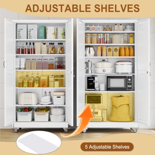 74" Metal Garage Storage Locker Cabinet with Wheels,Rolling White Farmhouse Kitchen Pantry Cabinet with 2 Doors and 5 Adjustable Shelves, Steel File Tool Cabinet for Home Office Warehouse