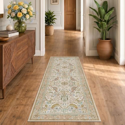 Hazo Haus Boho Long Bathroom Runner Rug 2x6 - Floral & Bird Runner Rug for Kitchen Floor, Hallway, Laundry Room, Bedroom, Entrance, Beige Neutral Vintage Decor, Washable Non Slip Low Pile