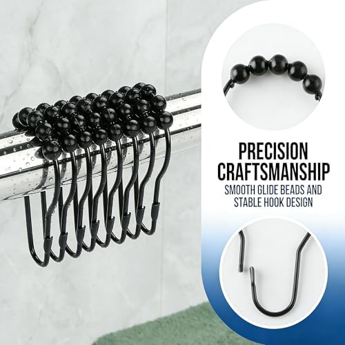 Shower Curtain Hooks Rings, Rustproof Metal Shower Curtain Rings for Bathroom Shower Rods Curtains - Set of 12, Matte Black