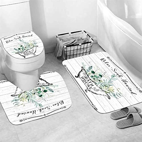 Nkzply 4 Pcs Farmhouse Shower Curtain Rustic Bathroom Sets with Shower Curtain and Rugs Floral Shower Curtain Set Green Leaves Bathroom Decor Vintage Bathroom Rugs Set Toilet Lid Cover Hooks