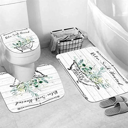 Nkzply 4 Pcs Farmhouse Shower Curtain Rustic Bathroom Sets with Shower Curtain and Rugs Floral Shower Curtain Set Green Leaves Bathroom Decor Vintage Bathroom Rugs Set Toilet Lid Cover Hooks