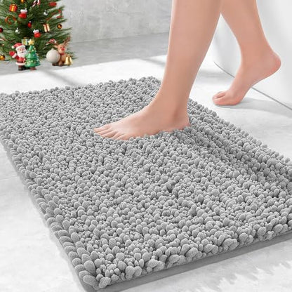 Bathroom Rugs Non Slip Washable, Extra Thick Soft Chenille Absorbent Bath Mat, High Density Barrier Non Slip Backing, Quick Dry Plush Shaggy Floor Carpet for Tub&Shower 24x17, Grey
