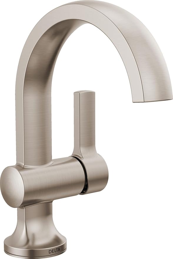 Delta Albion Brushed Nickel Bathroom Faucet 1 Hole, Single Hole Bathroom Sink Faucet for Vanity, Metal Push-Pop Drain Assembly, SpotShield Brushed Nickel 15855LF-SP