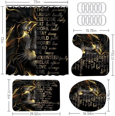4 Pcs Black Gold Lion Shower Curtain Set with Rugs and Toilet Lid Cover