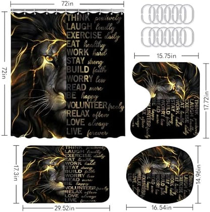 4 Pcs Black Gold Lion Shower Curtain Set with Rugs and Toilet Lid Cover