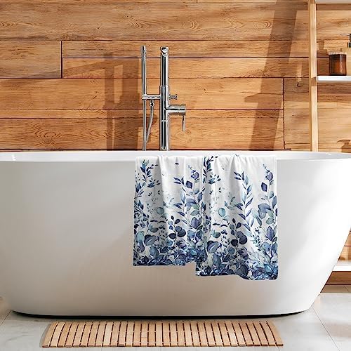 Blue Eucalyptus Leaves Hand Towels Set of 2, Botanical Leaf Floral Face Towel 28X14 inch, Quick Dry Super Absorbent Soft Washcloths for Kitchen Bathroom Yoga Workout Gym