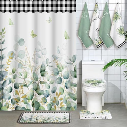 Honoson 8 Pcs Sage Green Eucalyptus Shower Curtain Set with Rugs