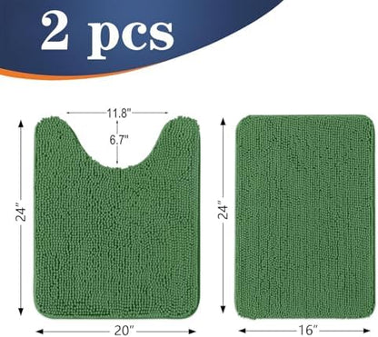 OLANLY Chenille Bathroom Rugs Sets 2 Piece, 24"x16"+24"x20", Olive Green