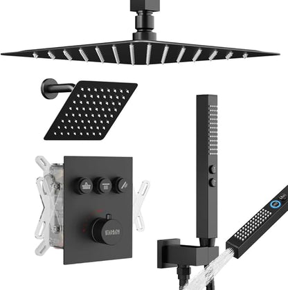 Thermostatic Shower System Matte Black Push Button Shower Faucet Set,12" Ceiling Rainfall and 6" Wall Mount Rain Shower with 2 in 1 Handhled, Can Use All at Once, Shower Set with Valve and Trim Kit