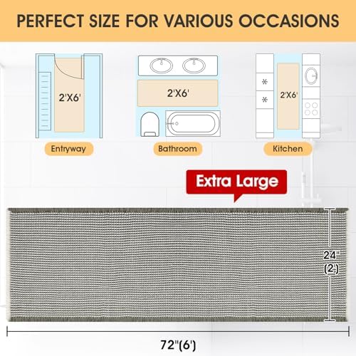 Extra Large Waffle Bath Mat Green & Cream 6'x2'(72" x 24"), Boho Woven Modern Bath Mat Rugs, Absorbent Non Slip Bathroom Rugs, Soft Washable Bath Rugs with Tassels for Bedroom, Kitchen, Shower, Tub