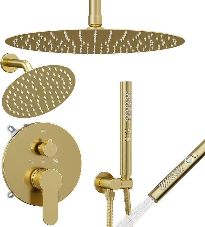 Shower Systems Shower Faucet Sets STARBATH 3 Way 12+6" Round Dual Rainfall Shower Head with Handheld Spray Combo, Ceiling Mounted Rain Shower Valve with 5 Diverter and Trim Kit Complete, Brushed Gold