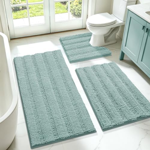 Christmas Striped Eggshell Blue Bathroom Rug Set 3 Pieces Ultra Soft, Non Slip Chenille Bath Carpet, Absorbent Plush Shaggy Bath Mats for Bathroom, Toilet, Bedroom, Kitchen