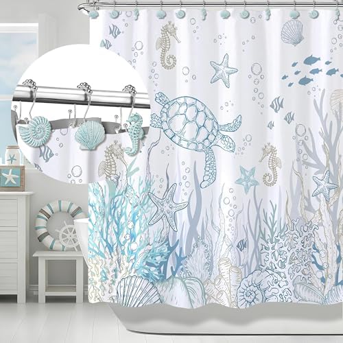 Sunlit Seashells Decorative Double Shower Curtain Hooks, Aqua Blue Ocean Creatures Coastal Shower Curtain Rings, Resin, Nautical Bathroom Decoration Beach Shower Curtain Hooks-12 Pack