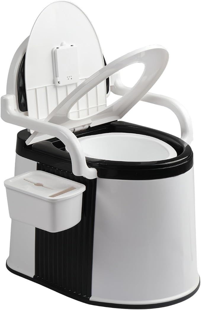 VINGLI Portable Toilet | Back & Handrail Design Commode with 5 Gallon Bucket Inner, Camping RV Toilet for Adult, Kids, Home, Boat, Van, Travel, Black