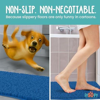 ITSOFT Large Plush Bathroom Rug 47"x21", Absorbent Machine Washable Non Slip Chenille Bath Mats, Quick Dry Bathmat, Bath Rugs for Bath, Shower, Bedroom, or Door Mat, Dark Blue