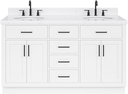 ARIEL Hepburn 66-inch Bathroom Vanity with Sink,Solid Wood, 1.5-inch Carrara White Quartz Countertop & Backsplash, Double Oval Porcelain Sink, 4 Soft Closing Doors, 6 Dovetail Drawers, White