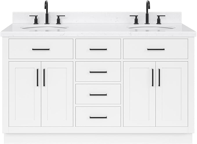ARIEL Hepburn 60-inch Bathroom Vanity with Sink,Solid Wood, 1.5-inch Carrara White Quartz Countertop & Backsplash, Double Oval Porcelain Sink, 4 Soft Closing Doors, 6 Dovetail Drawers, White