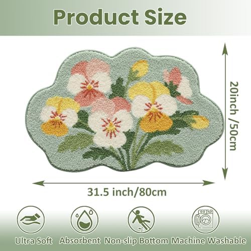 Floral Pansy Bath Mat, Soft Non-Slip Plush Bathroom Rug with Colorful Flower Pattern, Ultra Absorbent Microfiber Shaggy Bath Rug, Machine Washable Decorative Floor Mat for Bathroom Bedroom (Green)