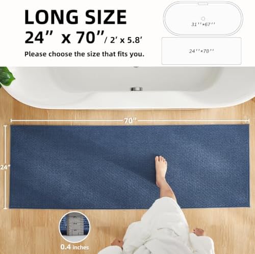 TYUU Bathroom Runner Rugs, Long Bath Mat Runner Washable Thin Quick Dry Low Pile Bathroom Runner Rugs Non Slip, Navy Blue 24"x70"