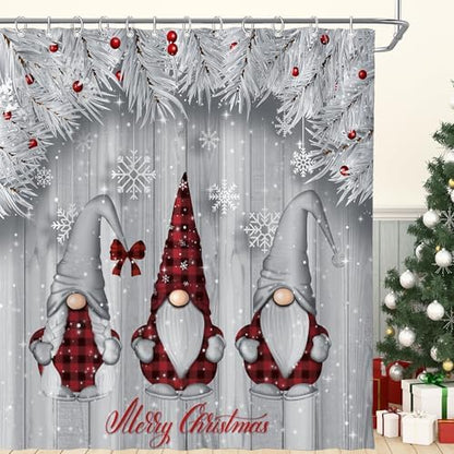 Winter Christmas Shower Curtain for Bathroom 72W*72H Inch Silver Snow Gnomes Rustic Grey Wood Plank Farmhouse Gray Xmas Balls Tree Holiday Decorations Bathtub Decor Waterproof Polyester Fabric Set