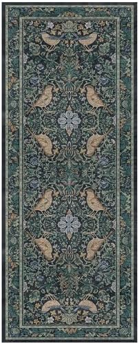 Boho 2x5 Entryway Indoor Runner for Bathroom - Botanical Bird Runner Rug for Kitchen Floor, Hallway, Bedroom, Entrance, Blue and Teal Neutral Vintage Decor, Washable Non Slip Low Pile