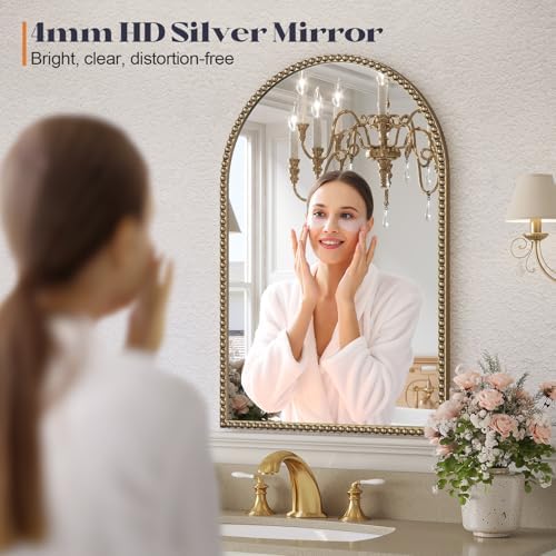 Beaded Arched Mirror for Wall, 30"x40" Gold Arch Brass Bathroom Mirrors, Champagne Bronze Vintage Tempered Glass Mirror with Metal Frame for Mantle,Bedroom,Dressing Room,Entryway,Fireplace