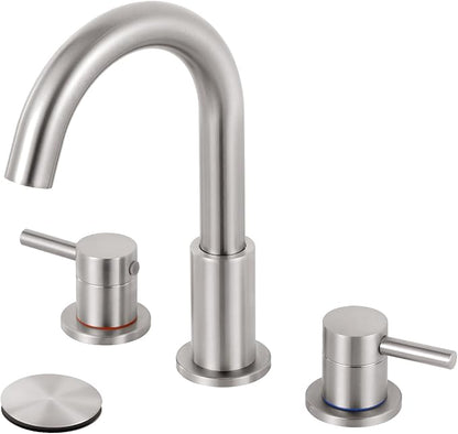 Nickel 8 Inch Widespread Bathroom Faucet 3 Hole with Pop-up Drain | 2 Handle, 8 Inch 3 Hole Sink, 360° Swivel Spout, RV Vanity, Quick Connect, Supply Hoses, NSF372 NSF61 cUPC