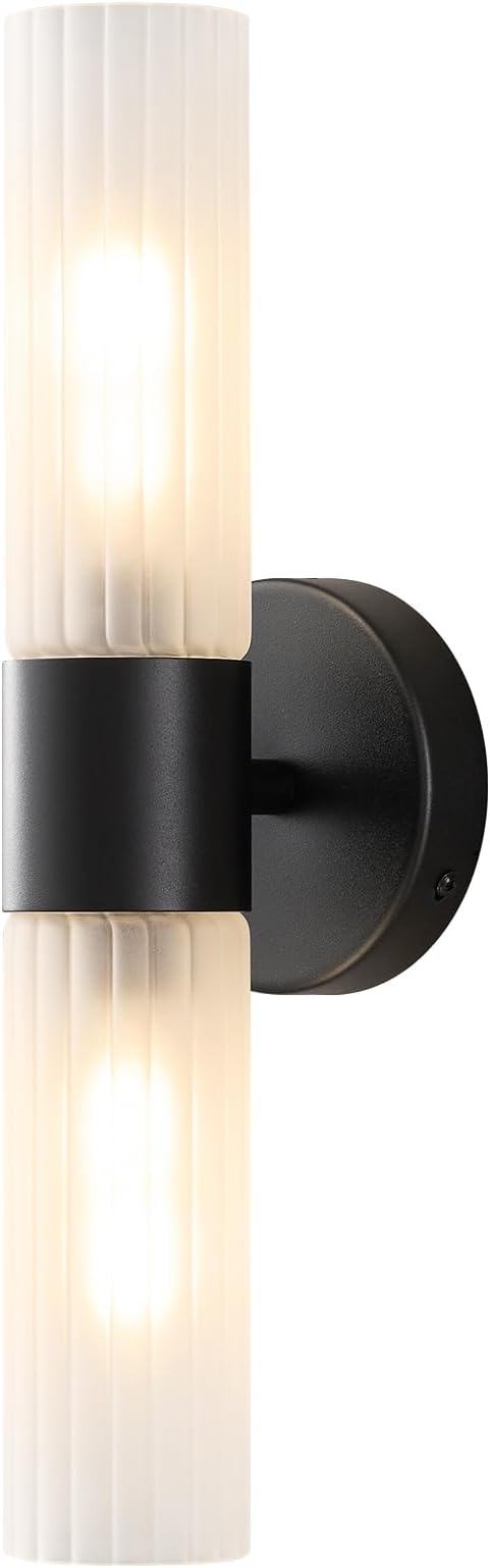 Bathroom Light Fixtures 2-Light, Modern Vanity Light for Bathroom, Wall Sconce with Frosted Glass Rods Shades, Hardwired Wall Light Fixtures for Living Room Bedroom Hallway (Black)