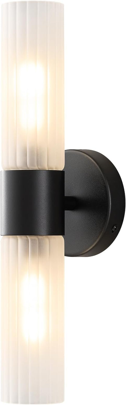 Bathroom Light Fixtures 2-Light, Modern Vanity Light for Bathroom, Wall Sconce with Frosted Glass Rods Shades, Hardwired Wall Light Fixtures for Living Room Bedroom Hallway (Black)