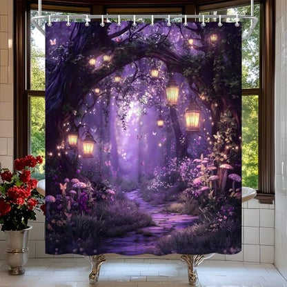 Fantasy Forest Path Shower Curtain Purple Fairy Magical Enchanted Misty Jungle Mushroom Floral Tree Butterfly Lantern Wonderland Bath Curtain Fabric Bathroom Accessories Decor with Hooks 80W x70L