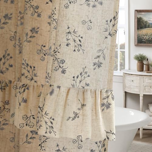 Black Floral Farmhouse French Country Ruffle Linen Shower Curtain 72Wx72H