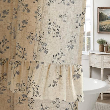 Black Floral Farmhouse French Country Ruffle Linen Shower Curtain 72Wx72H