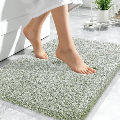 OLANLY Microfiber Bathroom Rugs 24x16, Quick Dry Mat, Sage Green and White